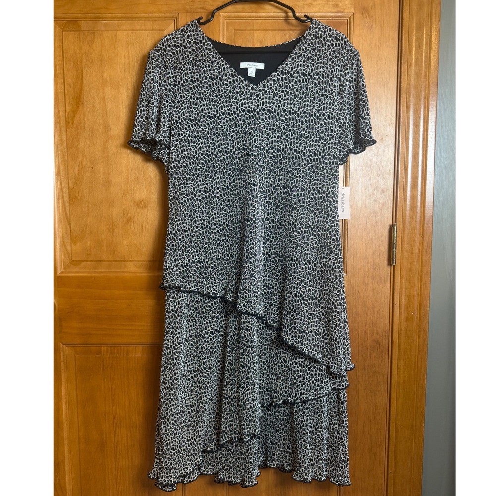 Dressbarn Womens Black White Geometric Tiered Midi Dress Short Sleeve 16 NWT